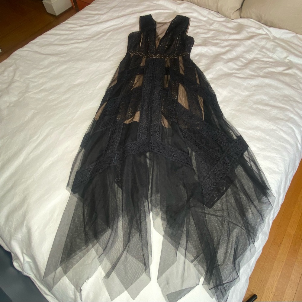 BCBG MAXAZRIA Andi Asymmetric Lace & Tulle Maxi Dress Black and nude sexy prom - Picture 11 of 13